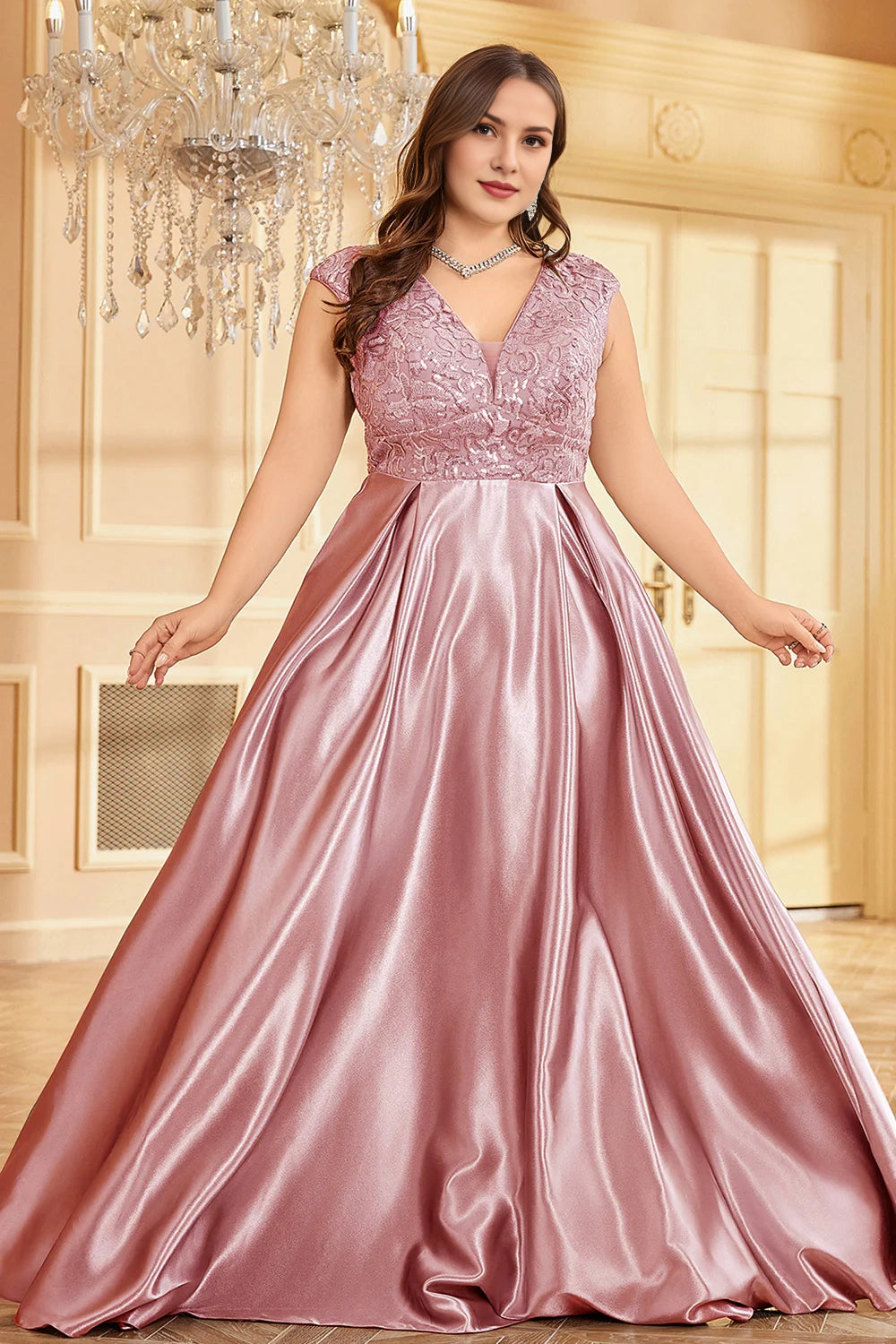 Plus Size Blush Pink Appliques Satin A Line Long Mother Of The Bride Dress