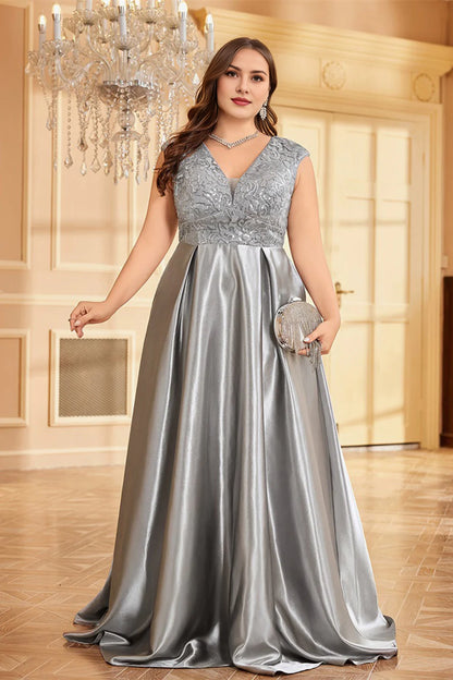Plus Size Blush Pink Appliques Satin A Line Long Mother Of The Bride Dress
