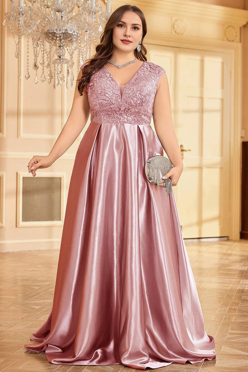 Plus Size Blush Pink Appliques Satin A Line Long Mother Of The Bride Dress