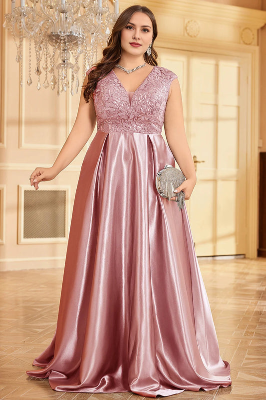 Plus Size Blush Pink Appliques Satin A Line Long Mother Of The Bride Dress