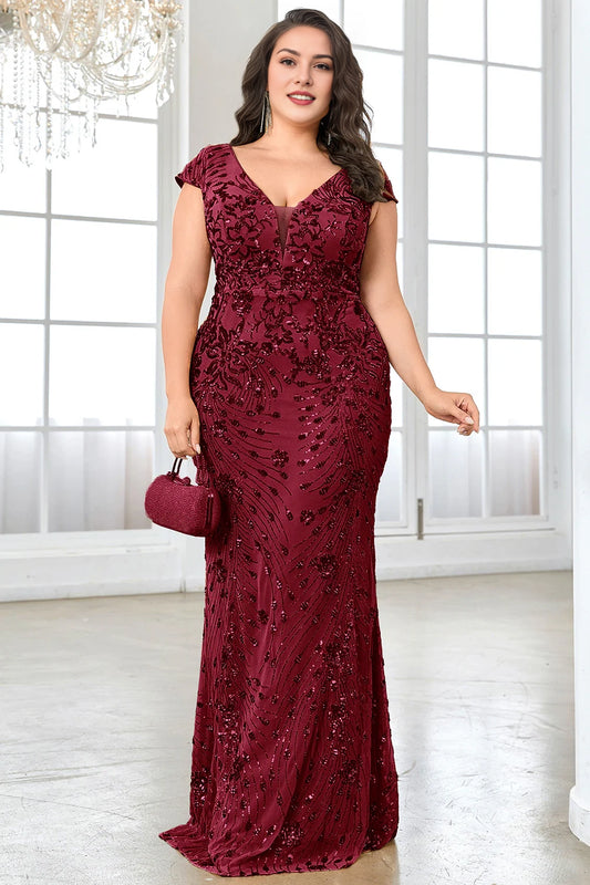 Plus Size Burgundy Cap Sleeves Sheath Long Mother Of The Bride Dress With Appliques