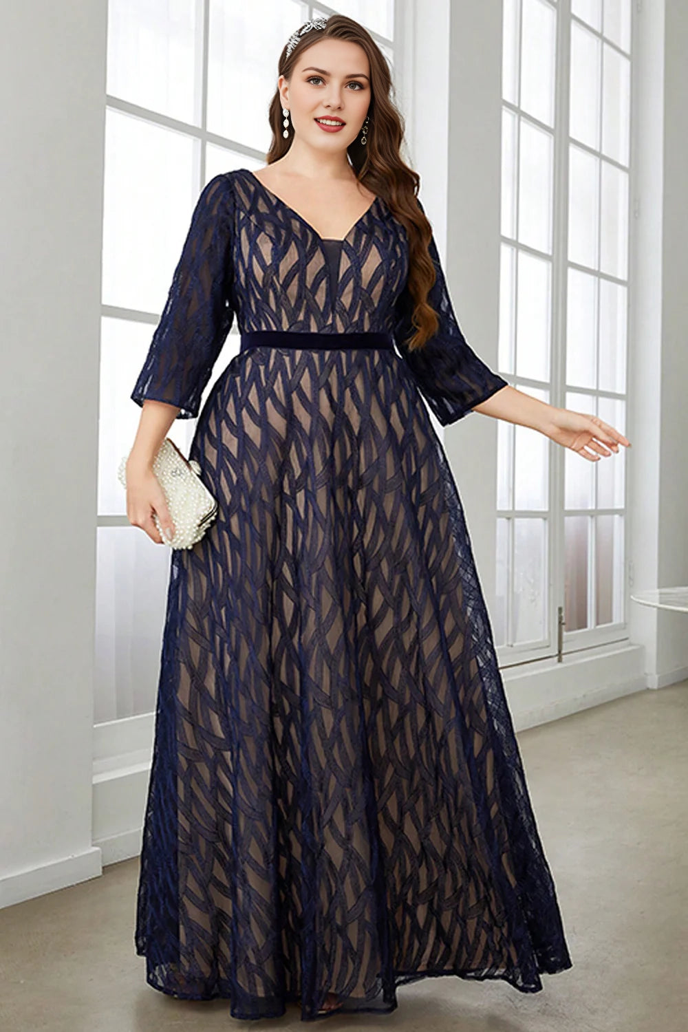 Plus Size Navy A Line Long Mother Of The Bride Dress