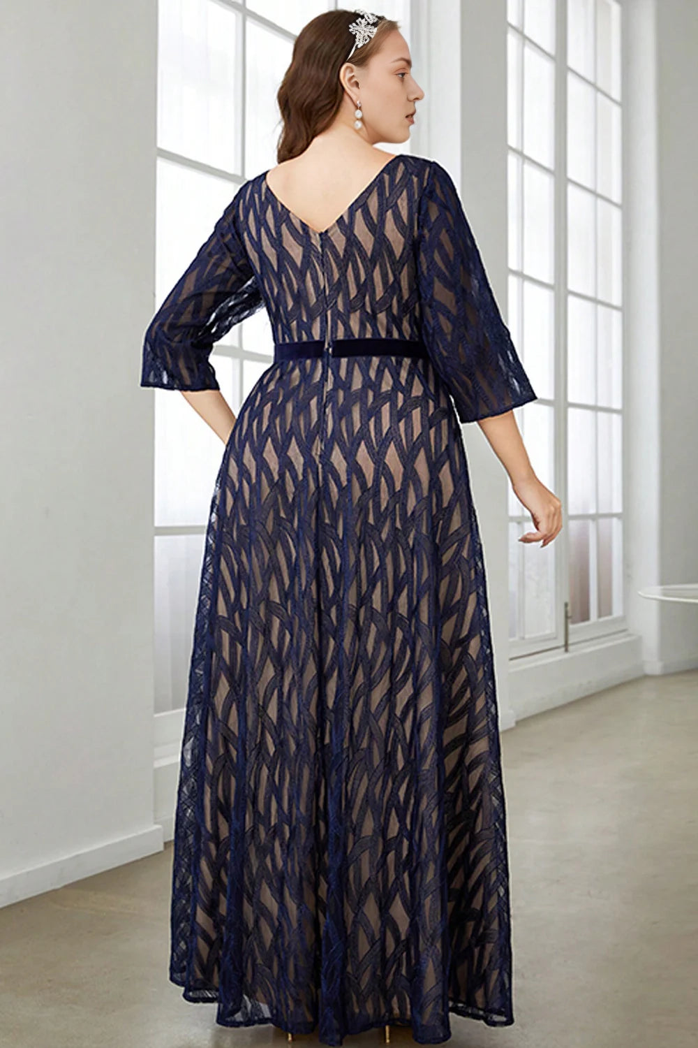 Plus Size Navy A Line Long Mother Of The Bride Dress