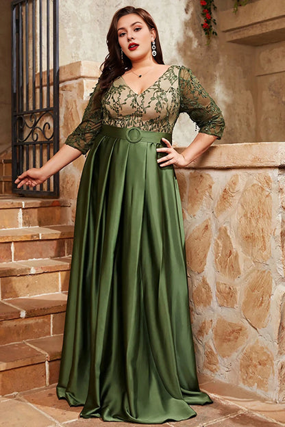 Plus Size Olive Pleated A Line Long Mother Of The Bride Dress With Appliques