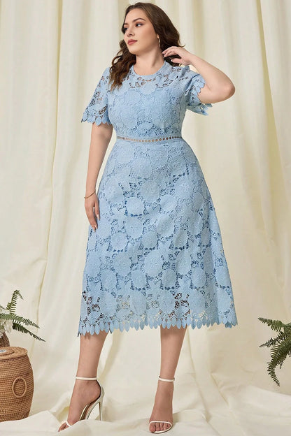 Plus Size Sky Blue A Line Midi Lace Floral Mother Of The Bride Dress