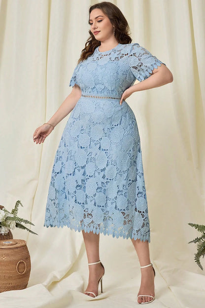 Plus Size Sky Blue A Line Midi Lace Floral Mother Of The Bride Dress