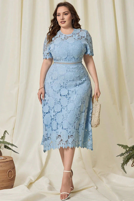 Plus Size Sky Blue A Line Midi Lace Floral Mother Of The Bride Dress