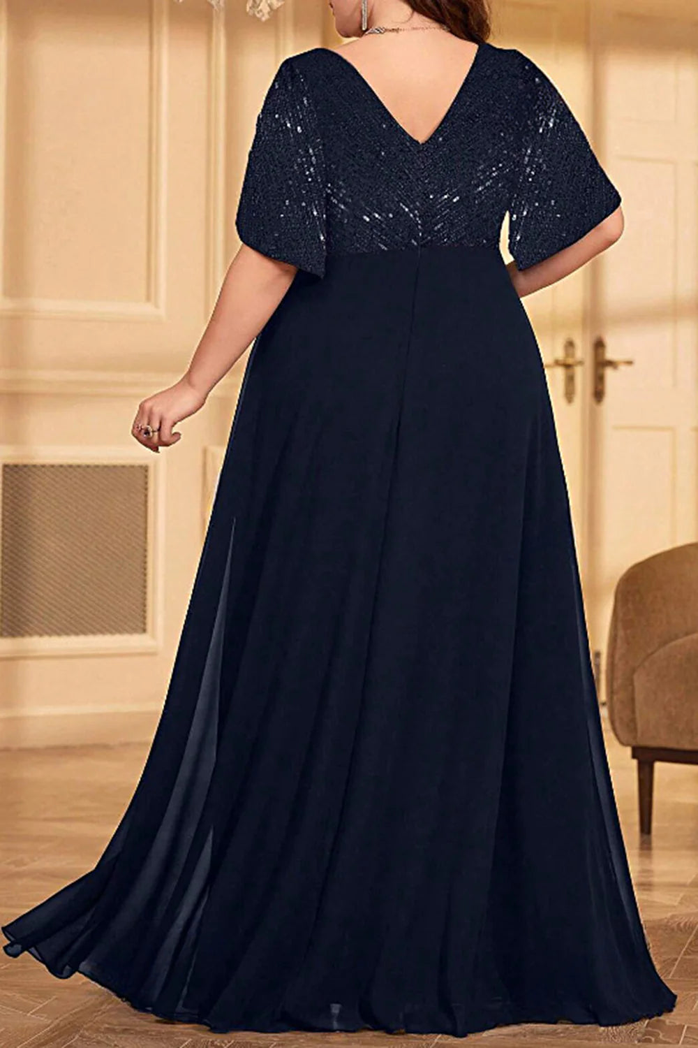Plus size V-neck A-line long pleated bridal dress