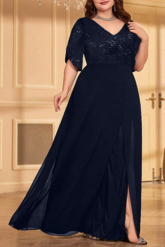 Plus size V-neck A-line long pleated bridal dress