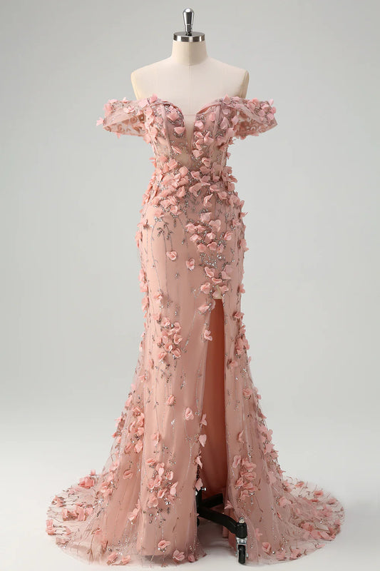 Powder blusher mermaid off shoulder corset slit dress with 3D flowers