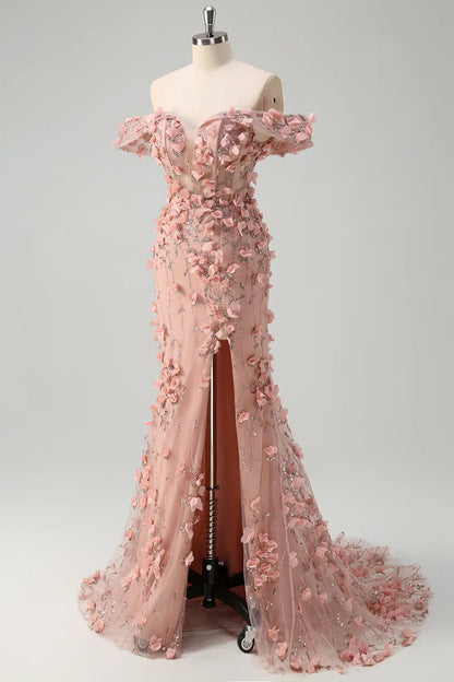 Powder blusher mermaid off shoulder corset slit dress with 3D flowers
