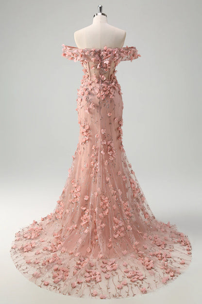 Powder blusher mermaid off shoulder corset slit dress with 3D flowers