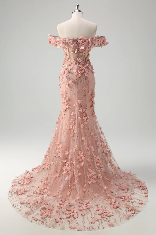Powder blusher mermaid off shoulder corset slit dress with 3D flowers