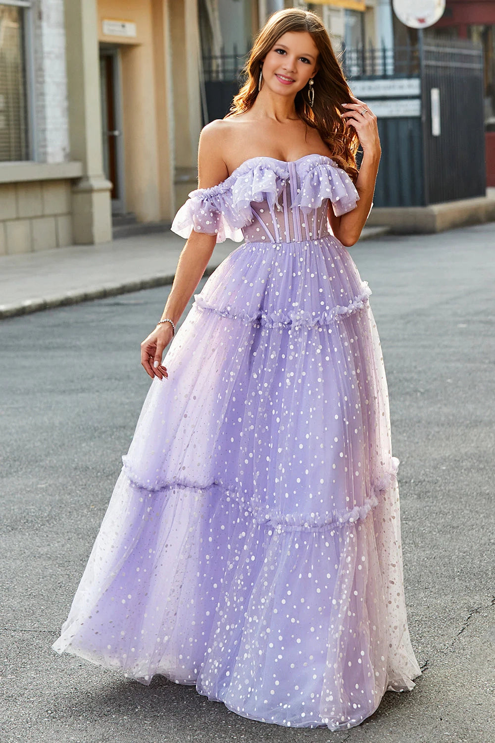 Princess A-line off shoulder pleated layered long ball gown