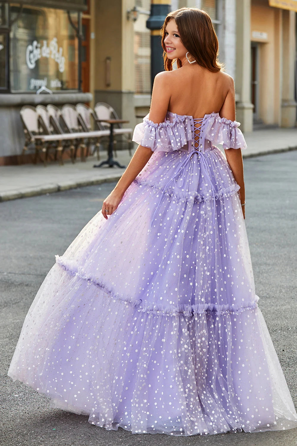 Princess A-line off shoulder pleated layered long ball gown