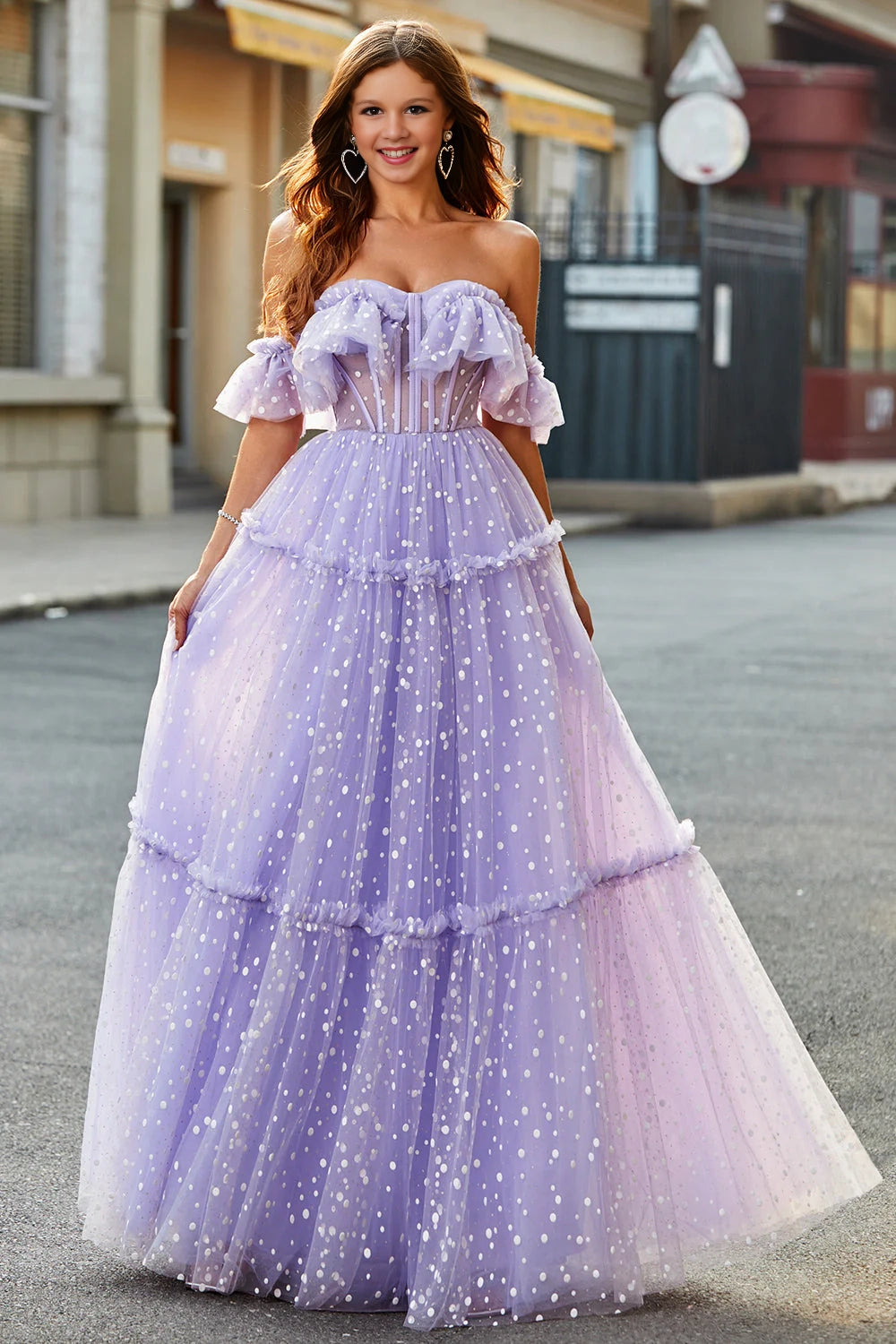 Princess A-line off shoulder pleated layered long ball gown