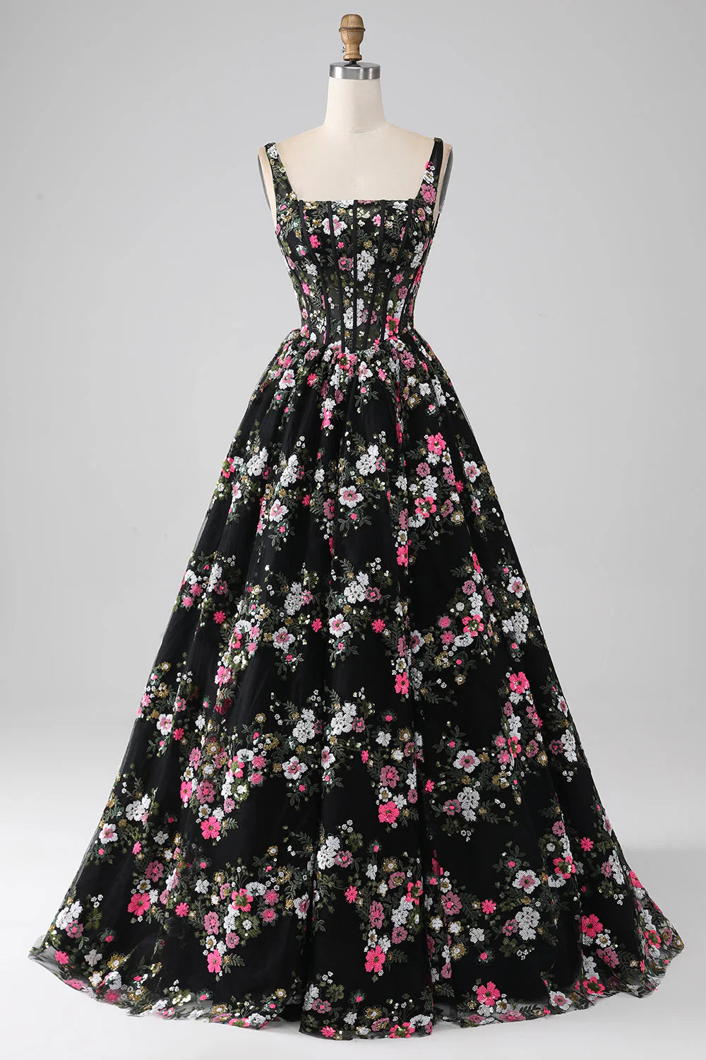 Princess A-line square neck tight corset embroidered long ball dress