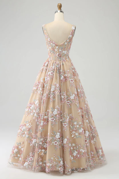 Princess A-line square neck tight corset embroidered long ball dress