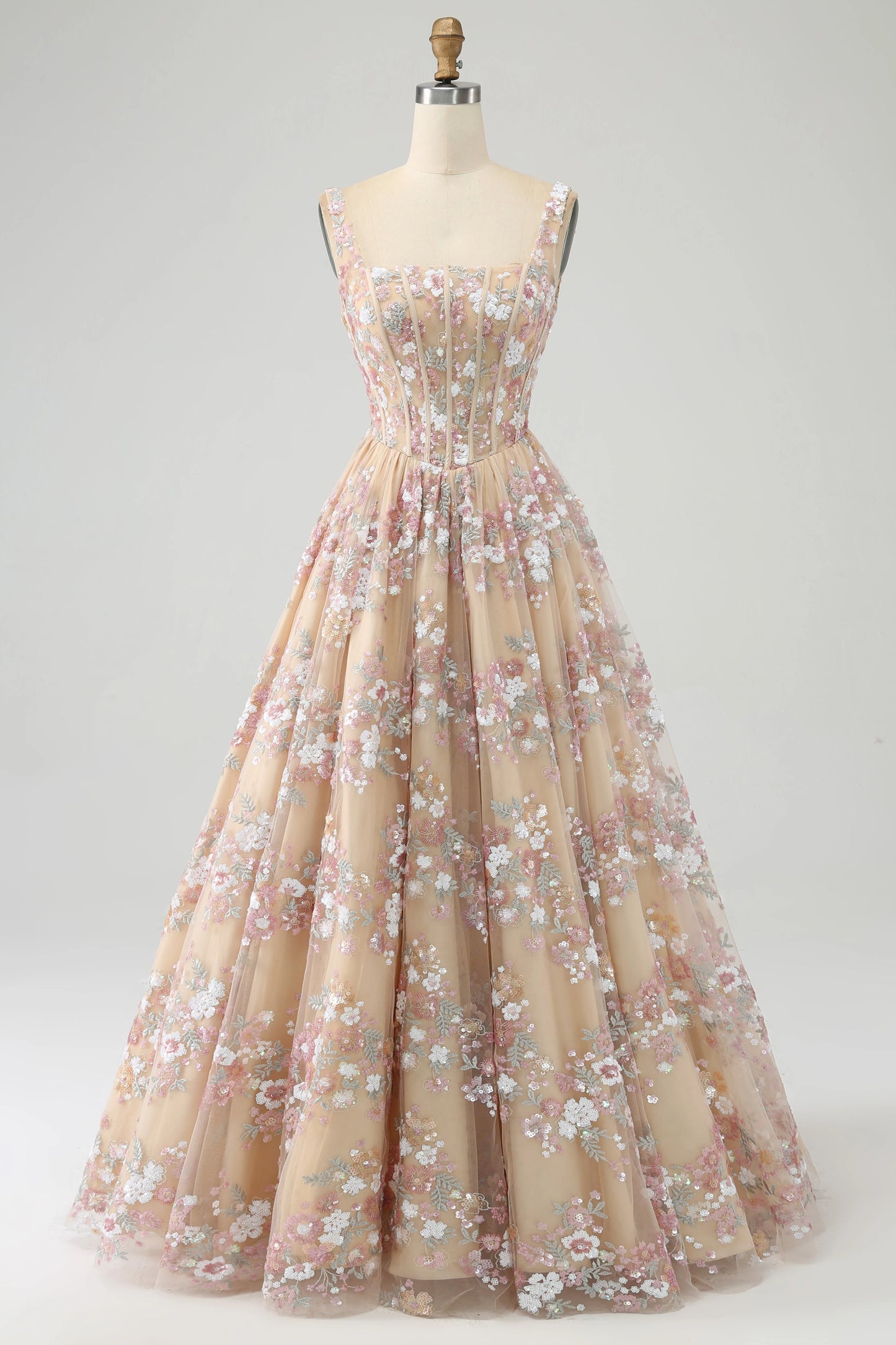 Princess A-line square neck tight corset embroidered long ball dress