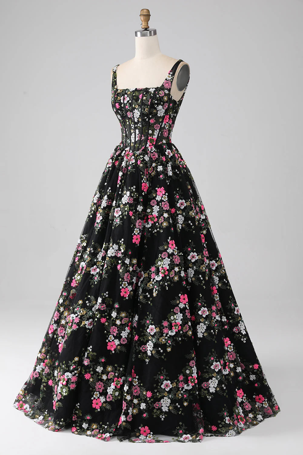 Princess A-line square neck tight corset embroidered long ball dress