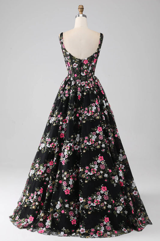Princess A-line square neck tight corset embroidered long ball dress