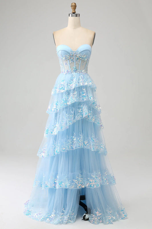 Princess A-line sweetheart layered sequined chiffon ball dress with slit