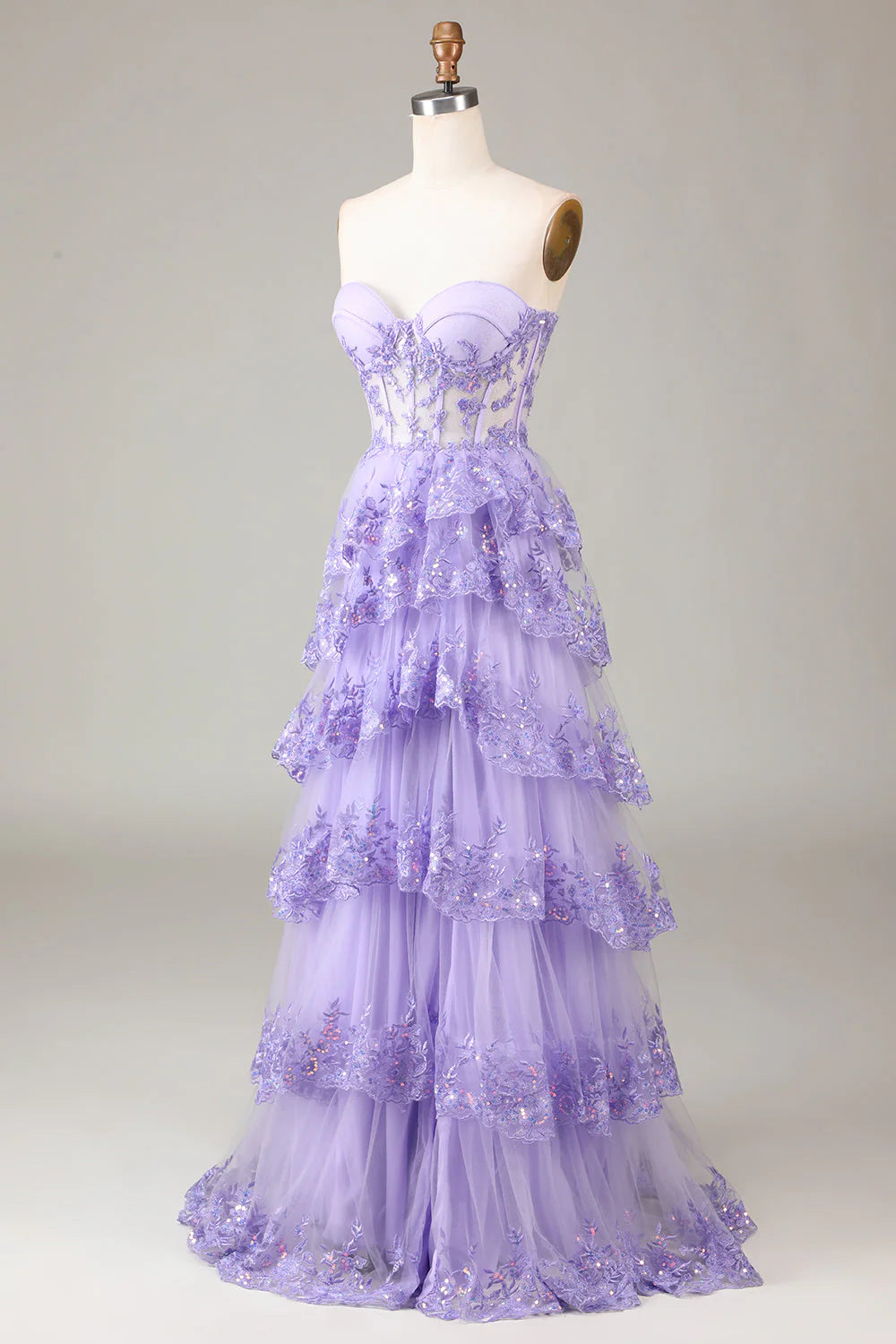 Princess A-line sweetheart layered sequined chiffon ball dress with slit