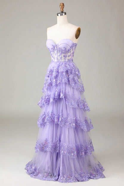 Princess A-line sweetheart layered sequined chiffon ball dress with slit