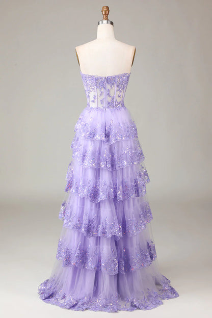 Princess A-line sweetheart layered sequined chiffon ball dress with slit