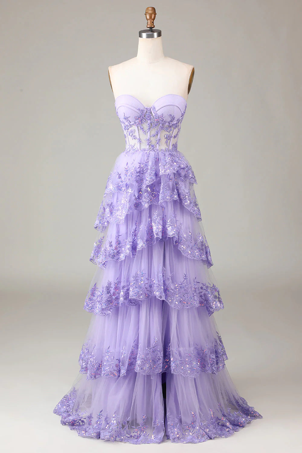 Princess A-line sweetheart layered sequined chiffon ball dress with slit