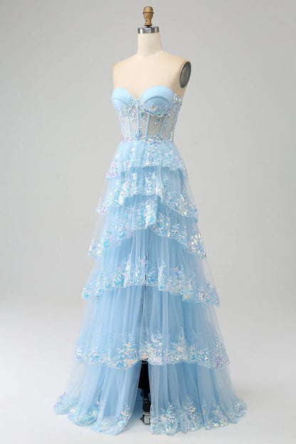 Princess A-line sweetheart layered sequined chiffon ball dress with slit