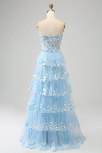 Princess A-line sweetheart layered sequined chiffon ball dress with slit
