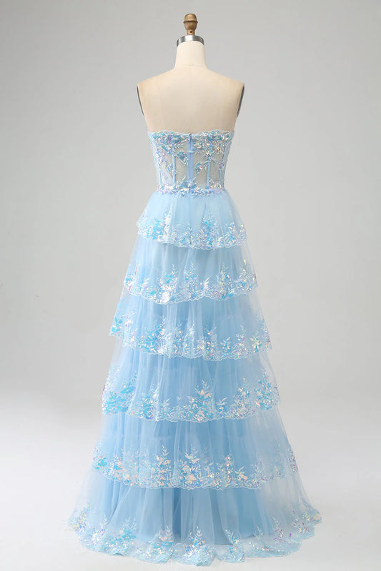 Princess A-line sweetheart layered sequined chiffon ball dress with slit