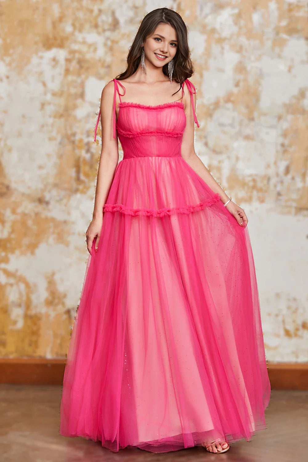 Princess Fuchsia A Line Spaghetti Straps Long Prom Dress with Ruffles