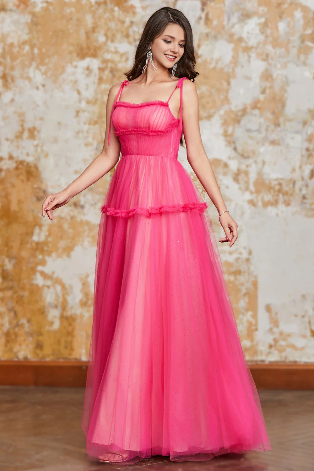 Princess Fuchsia A Line Spaghetti Straps Long Prom Dress with Ruffles