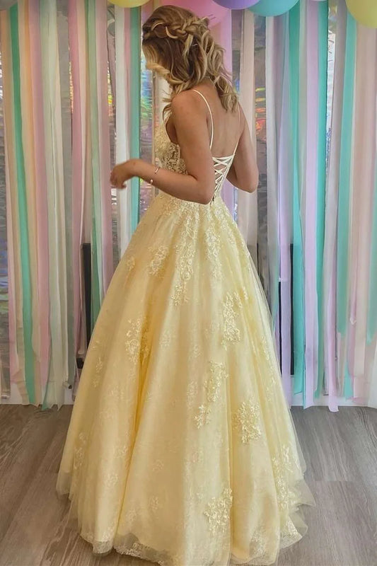 Princess Yellow V-Neck Lace-Up Back Long Prom Dress