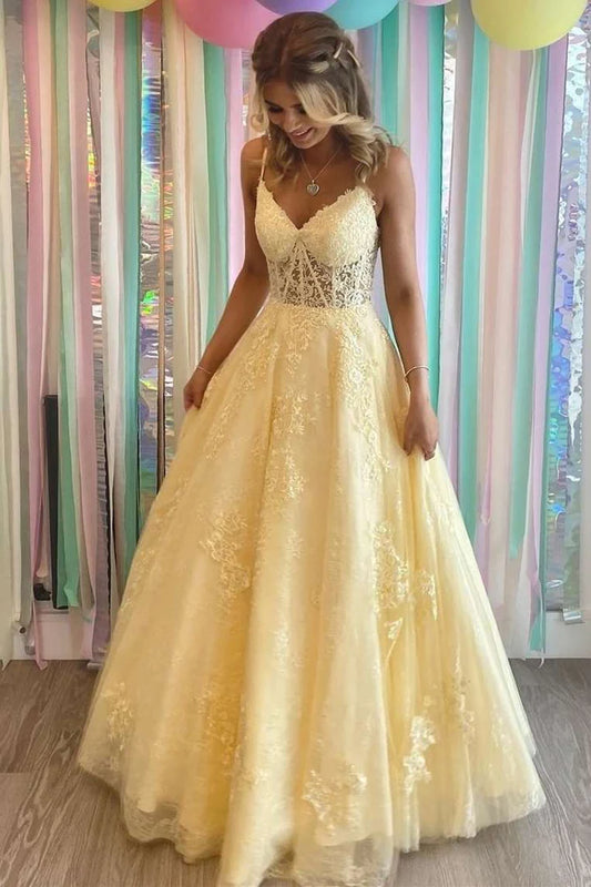 Princess Yellow V-Neck Lace-Up Back Long Prom Dress