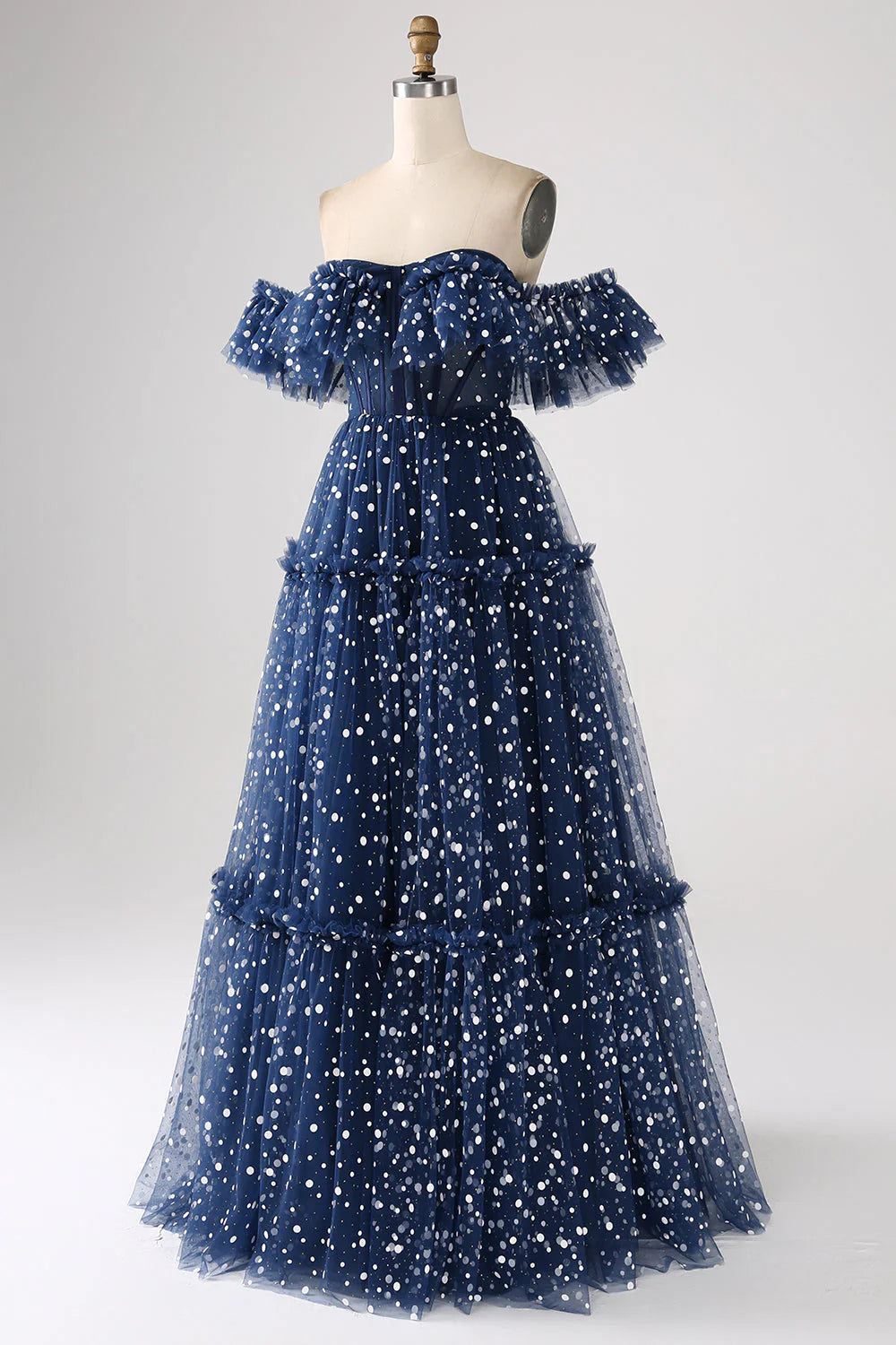 Princess A-line off shoulder pleated layered long ball gown