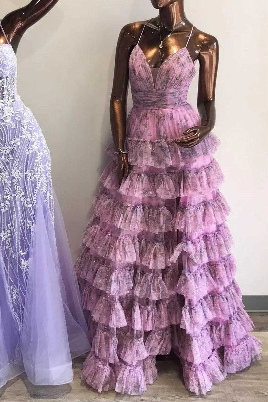 Printed lace up pleated layered long ball dress