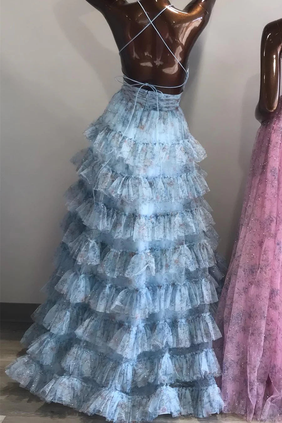 Printed lace up pleated layered long ball dress