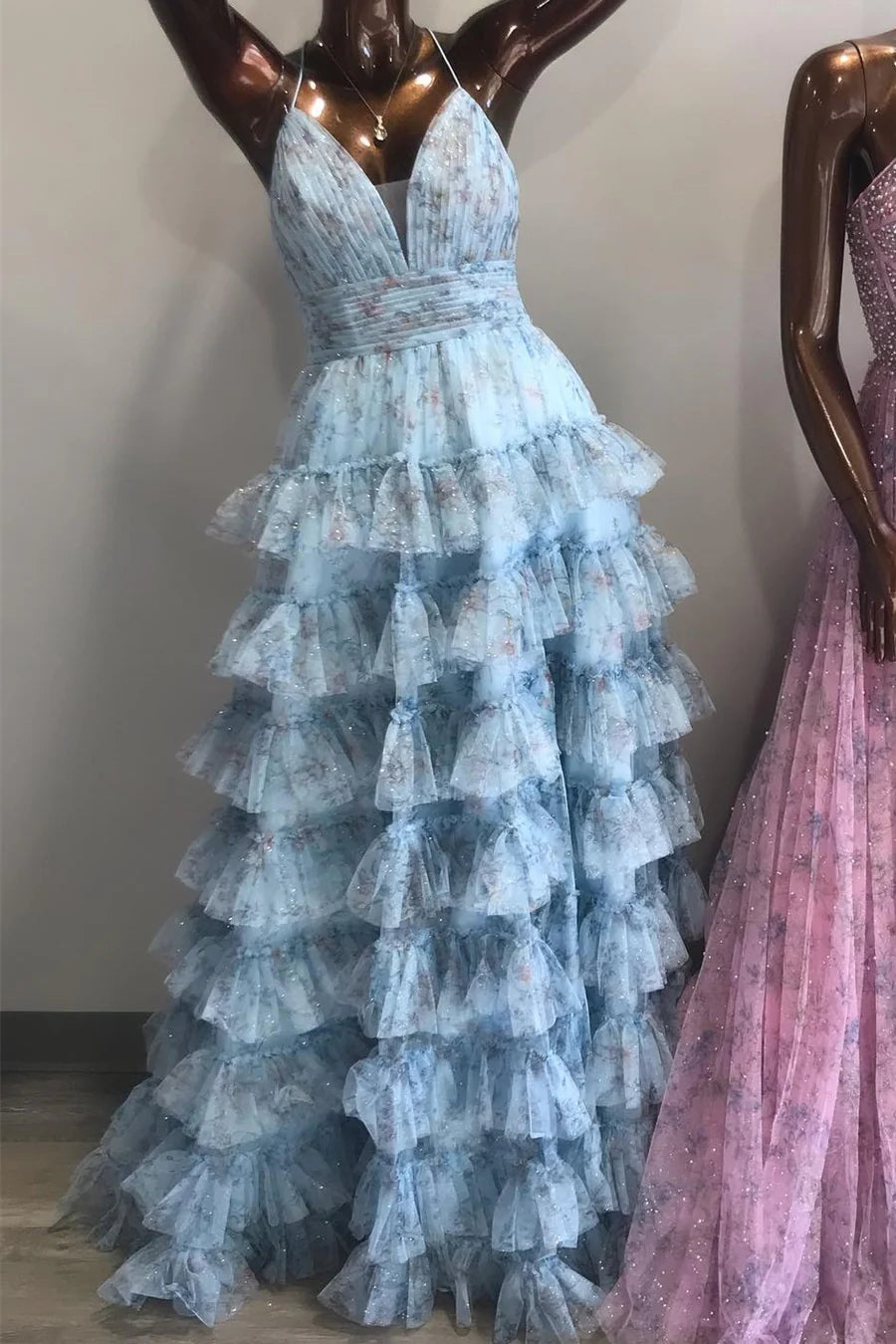Printed lace up pleated layered long ball dress