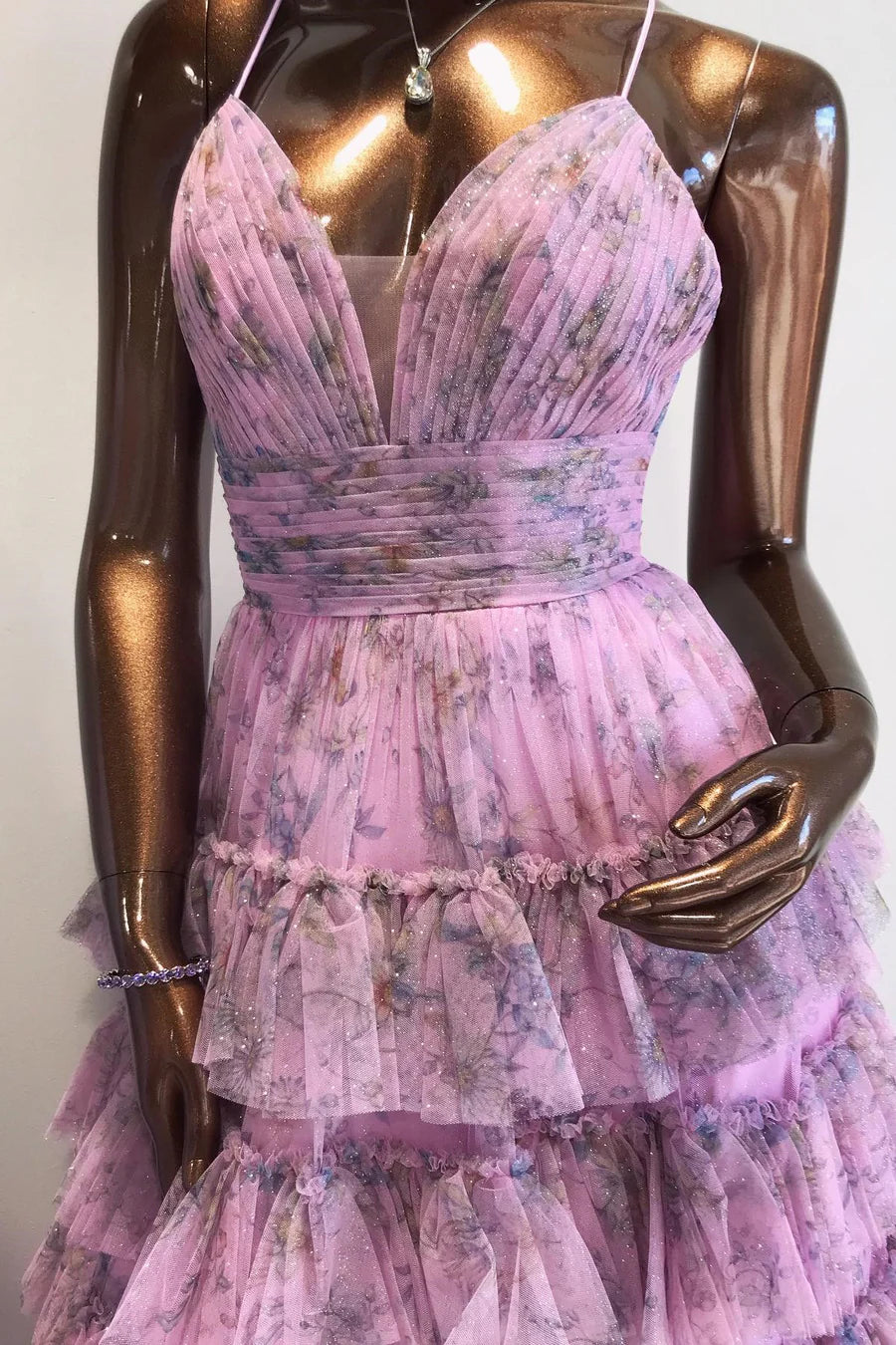 Printed lace up pleated layered long ball dress