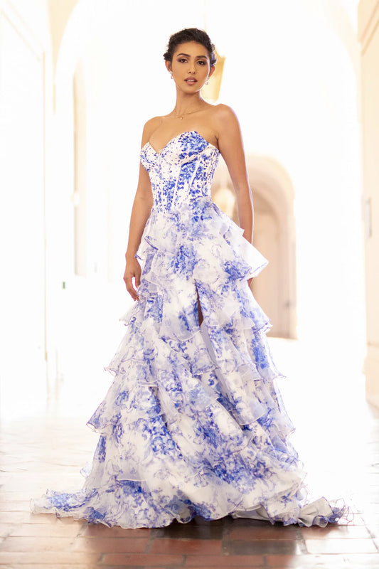 Printed strapless layered dress with side slit