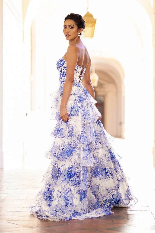 Printed strapless layered dress with side slit