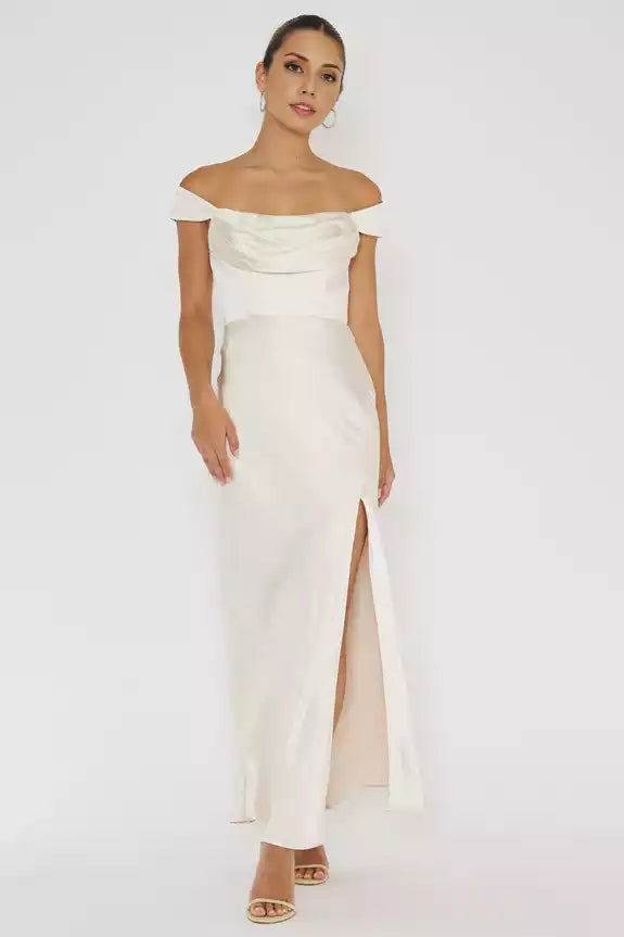 Prom Dresses, a highly anticipated satin overlong unlined off shoulder V-shaped back with a front slit and hidden zipper on the back