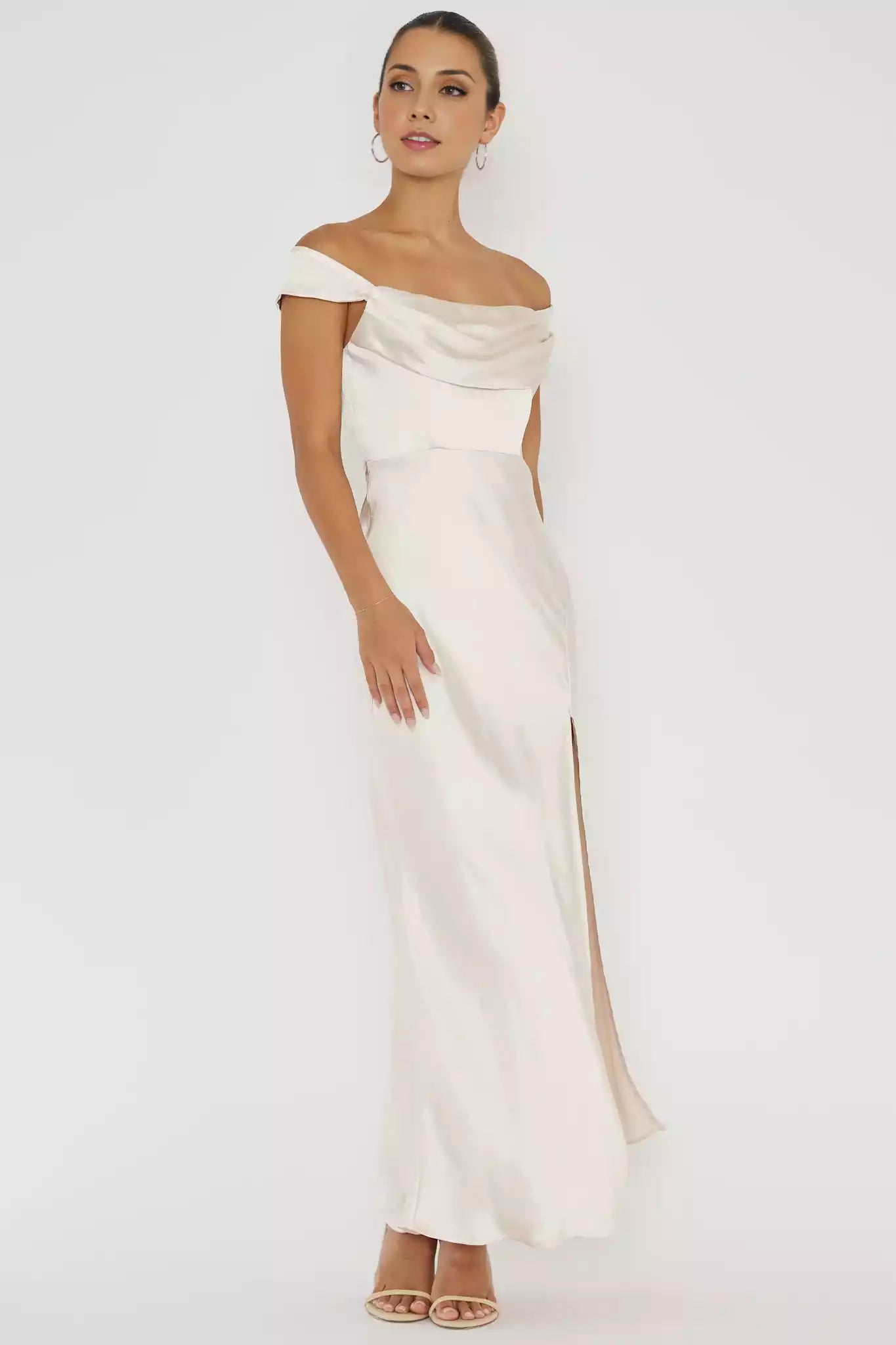 Prom Dresses, a highly anticipated satin overlong unlined off shoulder V-shaped back with a front slit and hidden zipper on the back