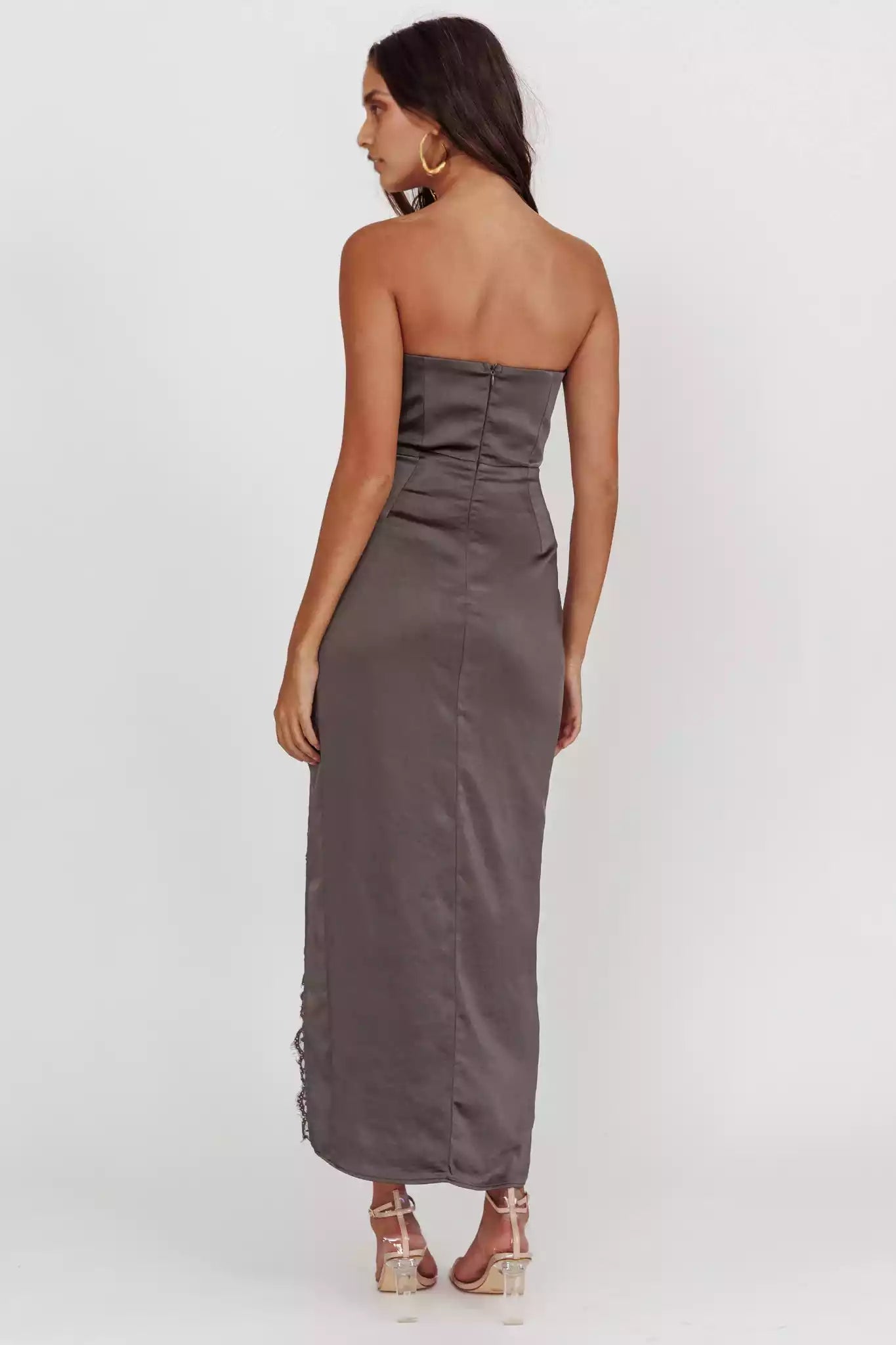 Prom Dresses with eye-catching satin off shoulder, extra long front leg slits, unlined back, invisible zipper