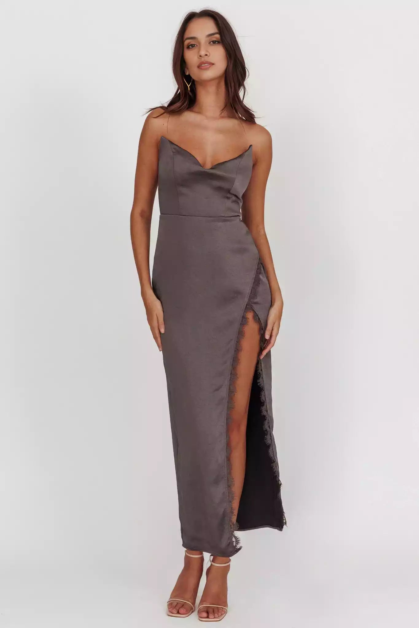 Prom Dresses with eye-catching satin off shoulder, extra long front leg slits, unlined back, invisible zipper