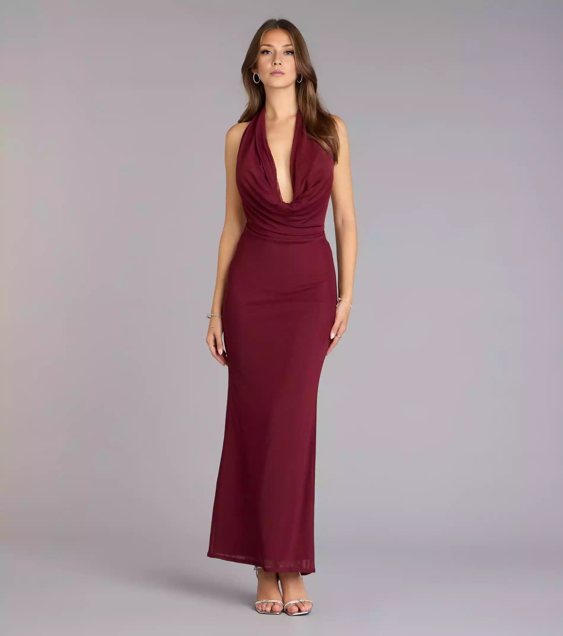 Prom Dresses with eye-catching stretch knit hanging collar, backless neckline, and backless straps