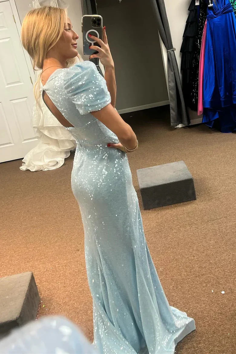 Puff Sleeve Light Blue Sequin Mermaid Prom Dress with Deep V-Neck and High Slit